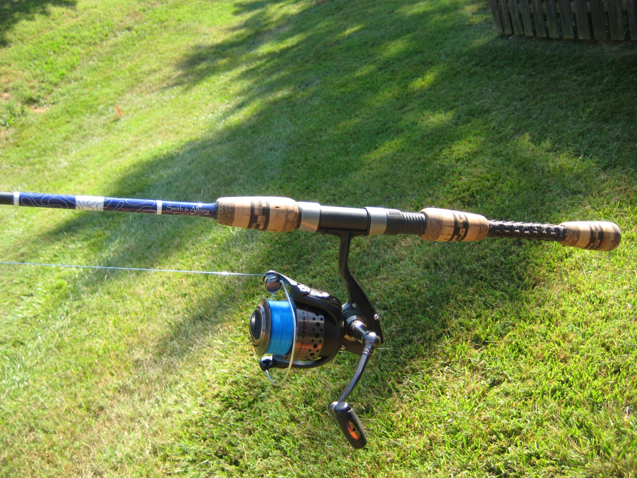 Cork split-grip on bluefish rod with custom decal